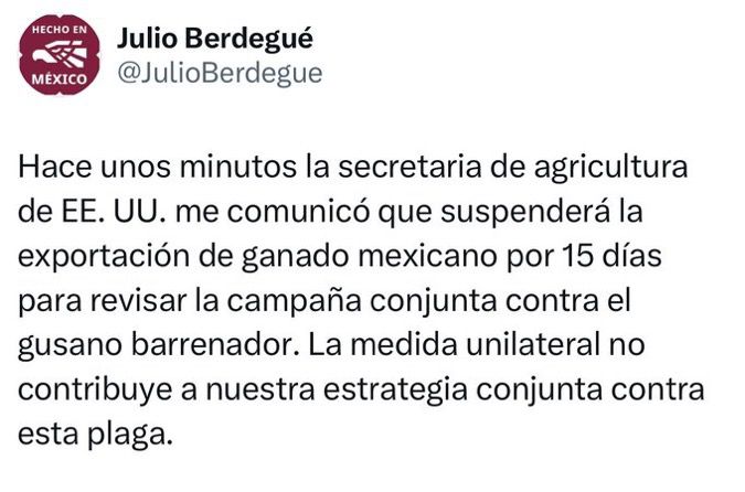 Suspensión de exportaciones de ganado de parte de EU es una medida unilateral: Julio Berdegué / Por Alicia Valverde